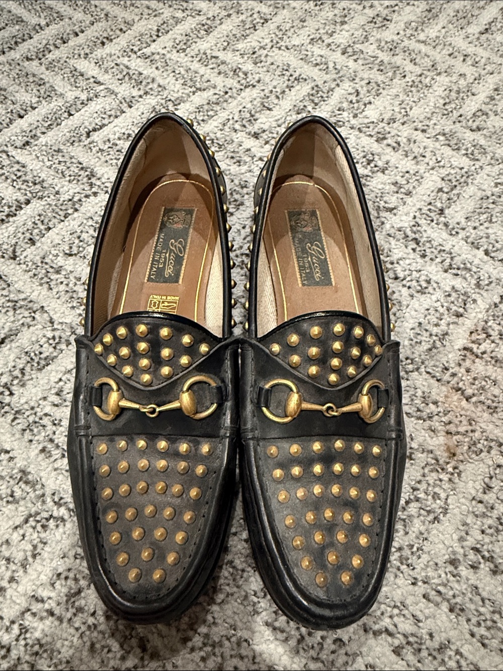 Gucci Black Leather Loafers with Gold Studs and Horsebit